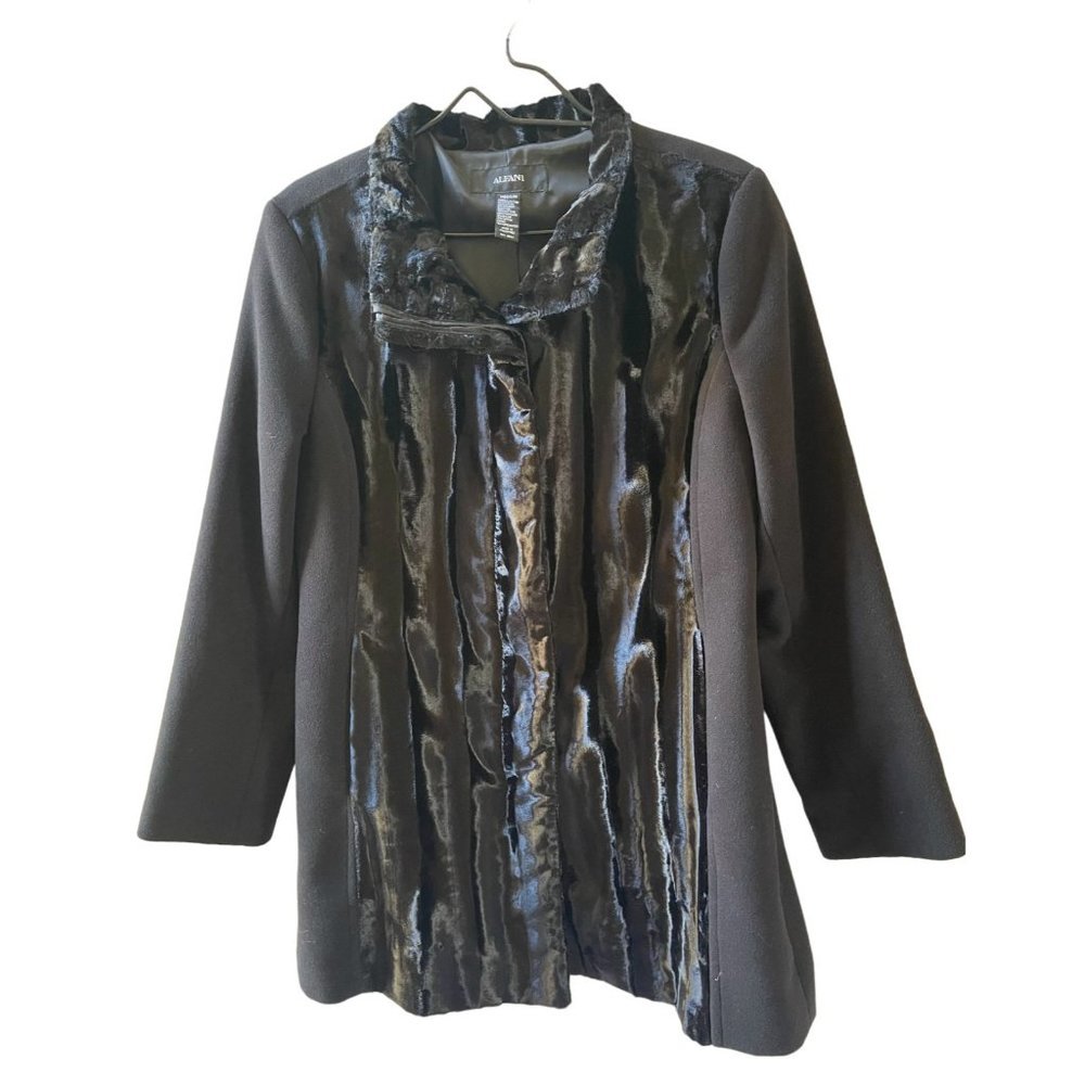 Alfani Black Retro Vintage Styled Coat Faux Fur Button Mid Length Womens Size M